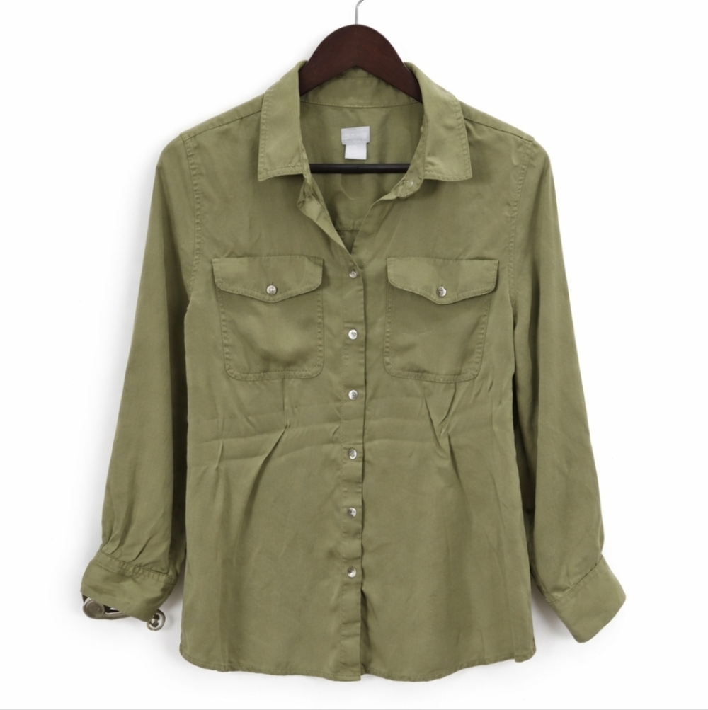 Chicos Olive Green Modal Utility Style Blouse Sz 2 (Lg)